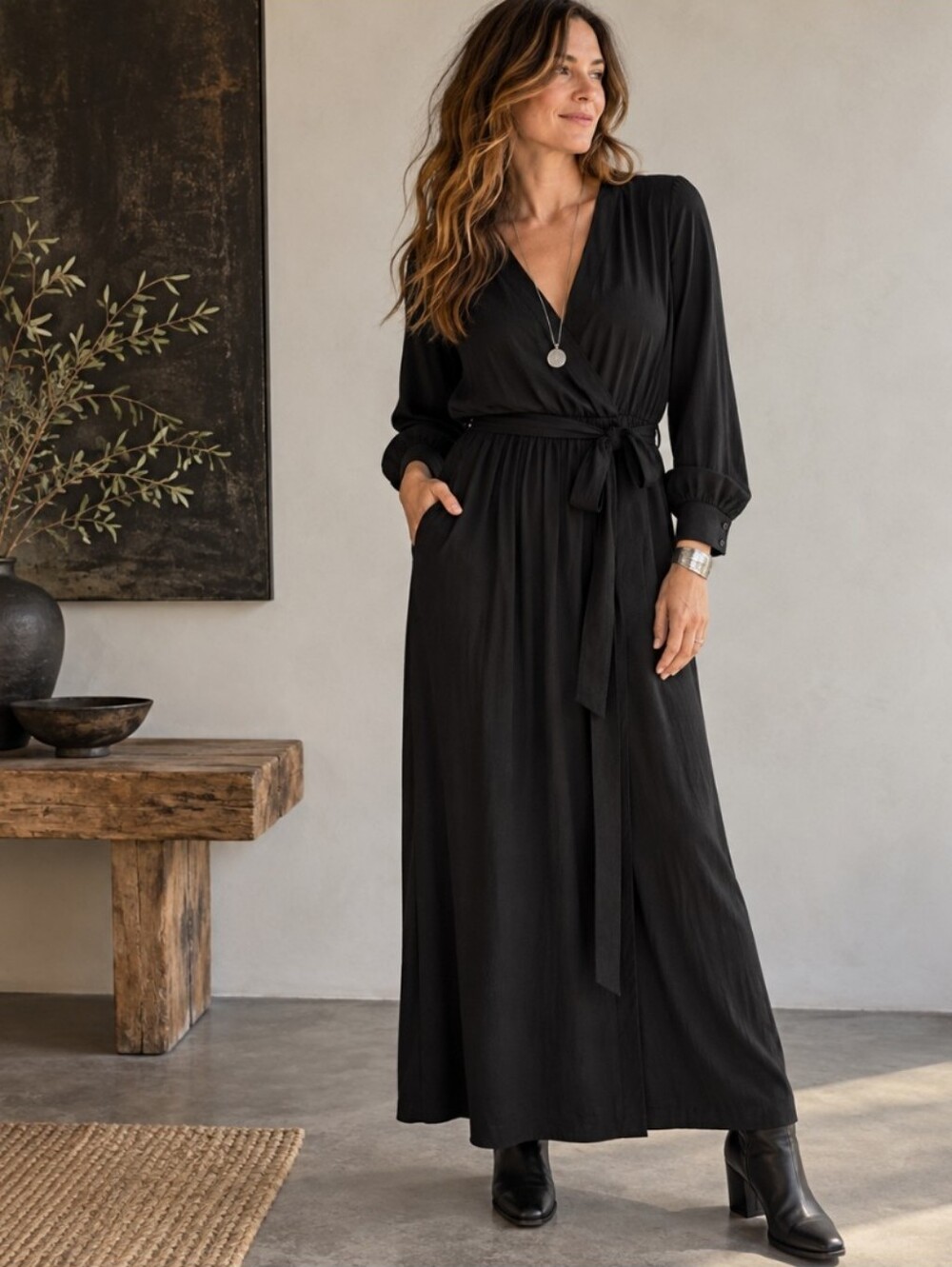 NEED Black Faux Wrap Maxi Dress L Minimalist Modern Evening